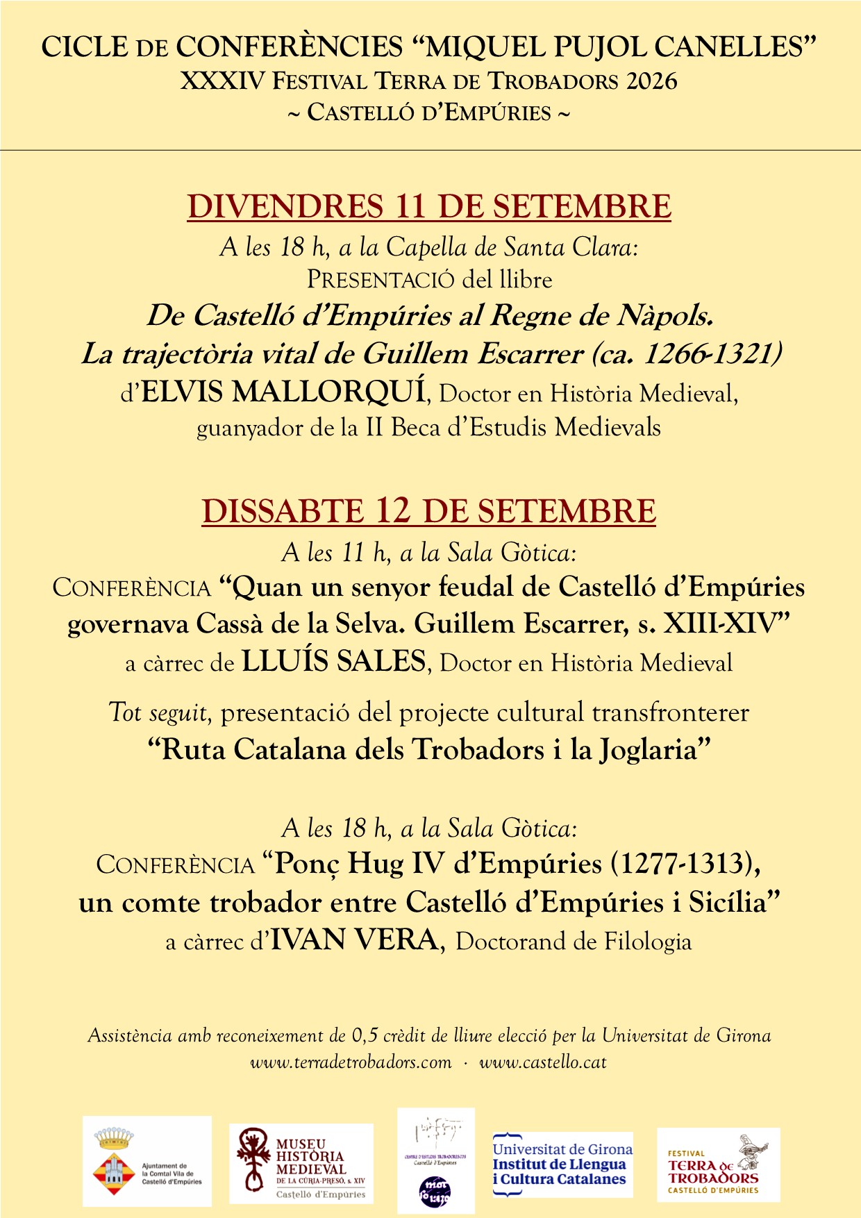 PRESENTACIÓ DEL LLIBRE “De Castelló d’Empúries al Regne de Nàpols. La trajectòria vital de Guillem Escarrer (ca. 1266-1321)” d’Elvis Mallorquí